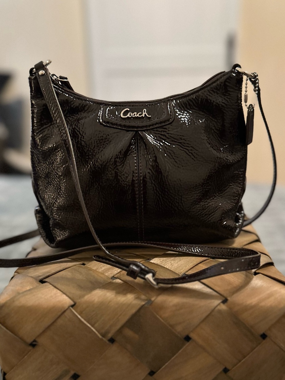 Coach Black Patent Leather Crossbody Bag with Silver Hardware